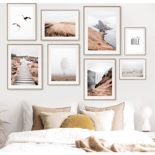 Beach Plank Road Tree Seagull Waterfall Wall Art Canvas Painting Nordic Posters And Prints Wall Pictures For Living Room Decor