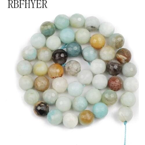 RBFHYER 4/6/8/10/12MM Natural Faceted Amazonite Round Loose Beads for Jewelry Making DIY Bracelet Accessories
