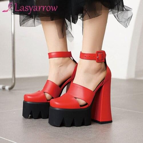 Lasyarrow 2021 Summer Casual Women Platform Sandals 15cm High Chunky Heel Glitter PU Leather Ankle Strap Summer Lady Sandals