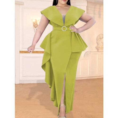 Sexy V Neck Purple Dresses Plus Size Ruffles Slit Ankle Length Birthday Evening Cocktail Event Gown Dress 3XL Autumn Fashion New