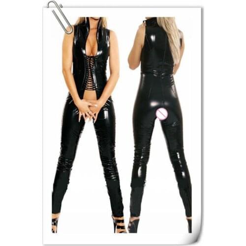 Plus Size M-2XL Sexy Women Latex Jumpsuit Open Crotch Costumes Spandex Erotic Fetish Catsuit Fetish Latex Faux PVC Leather Dress