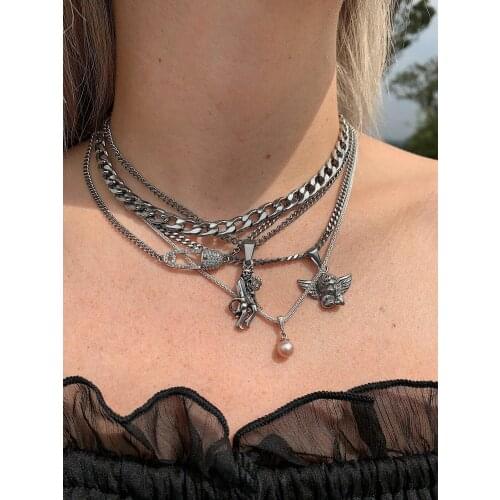 Explosive New Fashion Metal Chain Devil Angel Pin Pearl Multi-Layer Women Neo-Gothic Style Necklace Bar Party Jewelry
