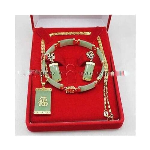 Jewelry Green Inlay Link Bracelet earrings Necklace Pendant Set