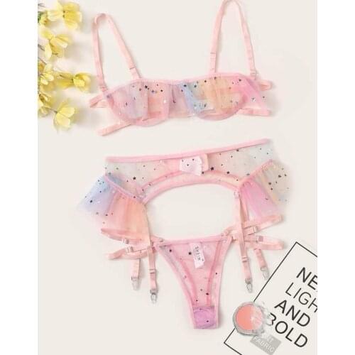 Ladies sweet pink mesh starry sky pattern pajamas underwear set transparent tights sexy floral transparent pajamas plus size