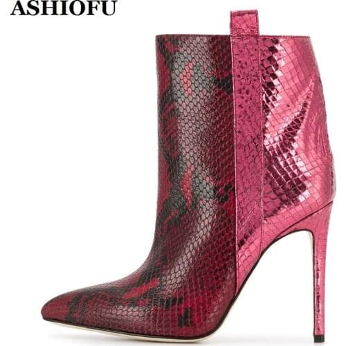 ASHIOFU New 2020 Handmade Ladies High Heels Boots Faux-snake Party Prom Ankle Booties Patchwork Leather Short Winter Boots Shoes