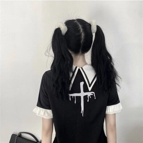 Women Polo Collar Lace-up Mini Dresses Lolita Cross Print Harajuku Short Sleeve VestidosBlack Gothic Lady T Shirt Dress Summer