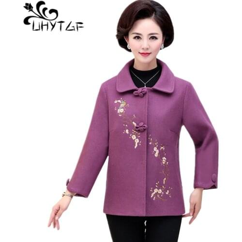 UHYTGF Autumn winter wool coat women fashion embroidery elegant coats female loose 4XL plus size tops outerwear abrigo mujer 548