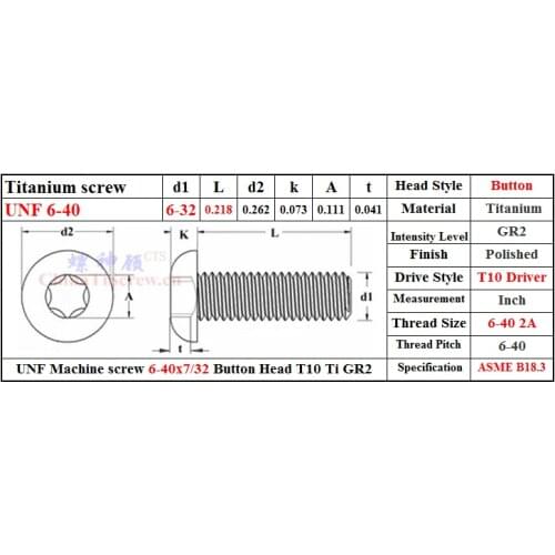 Titanium screws 5-40x1/4 Button Head Hex 5/64 Driver Ti GR2 Polished 50 pcs
