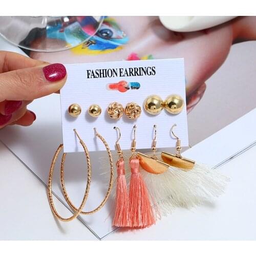 6 Pairs/set Bohemian Ethnic Drop Earrings For Women Party Big Circle Long Tassel Fan Shaped Earrings Korean Pendientes Jewelry