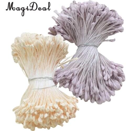 720pcs 6cm Artificial Double Heads Flower Stamen Pistil for DIY Wedding Flower Ball Beige Purple