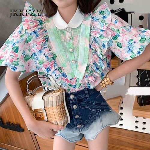 Ruffle Blouses Puff Sleeve Pearl Diamond Buckle Doll Collar Floral Tops Womens Spring Summer Thin Shirts