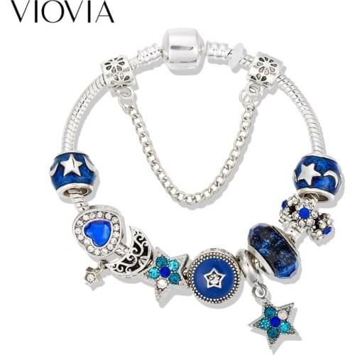 VIOVIA Brand Jewelry Fashion Star Moon Charm Bracelet for Women Blue Crystal beads Bracelets & Bangles Pulseira Feminina B19034