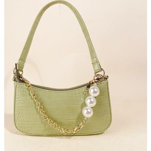 PU Leather Women Designer Handbag 2021 Girl Shopper Purse Fashion Casual French Style Crocodile Pattern Pearl Chain Shoulder Bag