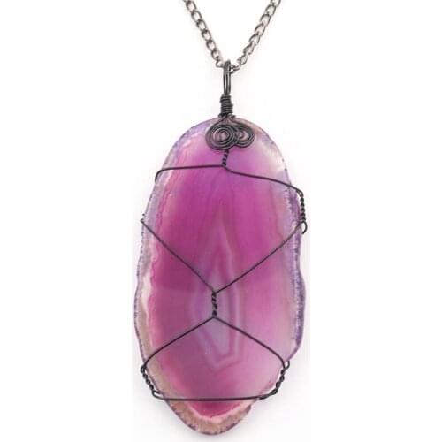 FYJS Unique Black Color Wire Wrap Irregular Shape Agates Pendant Link Chain Necklace Ethnic Style Jewelry