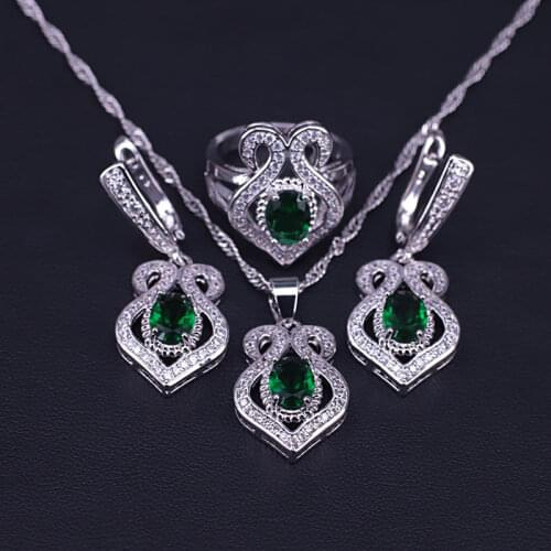 Russian Hot Sale Square Many Colors Cubic Zircon Silver Color Earrings Necklace Ring Set For Women Engagement/Party