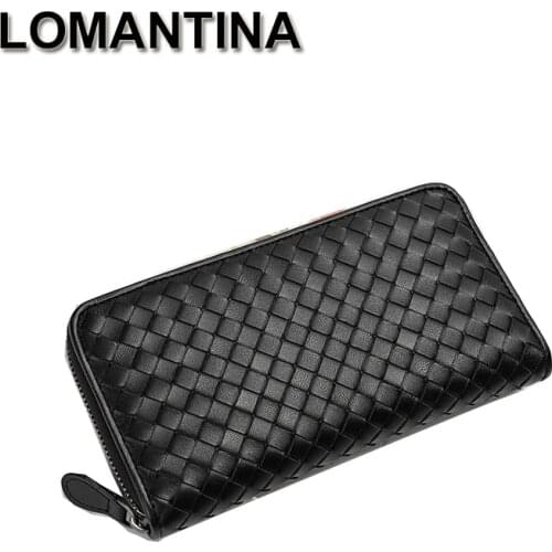 LOMANTINA Women Wallet Sheepskin Woven Purse Female Long Wallet Knitting Unisex Men Long Phone Money Bags Coin Purse Card Holder