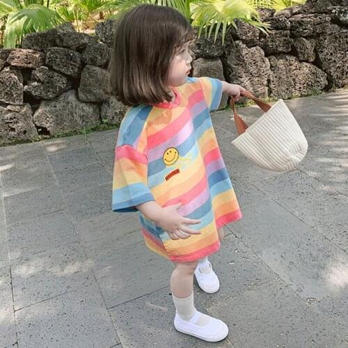 2021 Summer Girls Fashion Stripe Smile Long Short Sleeve T-Shirt