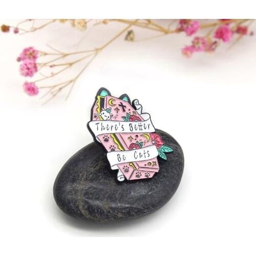 Cute pink cat coffin Brooches theres better be cats Lapel Pin White Banner Stars moon flower kitten footprints Cartoon Badge