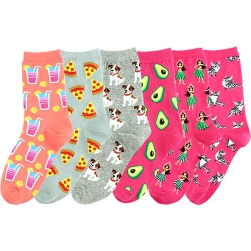 Korean Style Avocado Orange Juice Pizza Pug Patterned Cute Socks Creative Sokken Chaussette Femme Funny Women Socks Harajuku