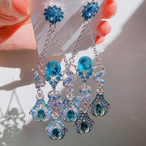 New Korean Palace Style Luxury Green Crystal Long Dangle Earrings For Women Girls Elegant Vintage Party Jewelry Gifts