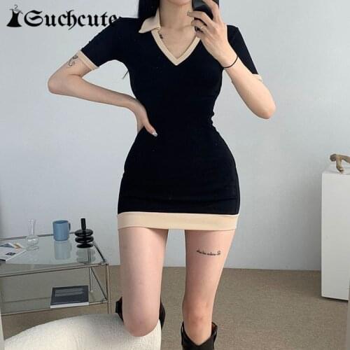 SUCHCUTE Korean Fashion Casual Women Bodycon Dress Gothic Solid V Neck Slim Short Sleeve Harajuku Mini Dresses Streetwear Outfit
