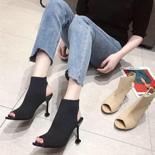 Fish mouth sandals 2021 summer new stiletto stretch Roman style high heel sandals knitted high heels mulheres sandálias de salto