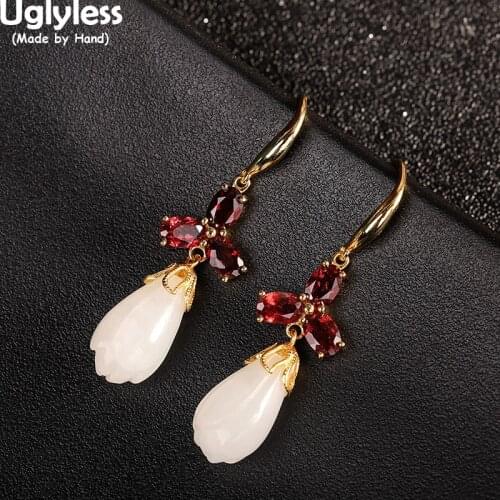 Uglyless Garnet 3-Petal Flower Earrings for Women Hetian Jade Magnolia Fashion Dress Jewelry Gold Real 925 Silver Brincos Bijoux