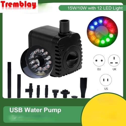 USB Water Pump Ultra-quiet with Power Cord Waterproof Fountain with 12 LED Light for Garden Water Pump Aquarium Fountain Pond