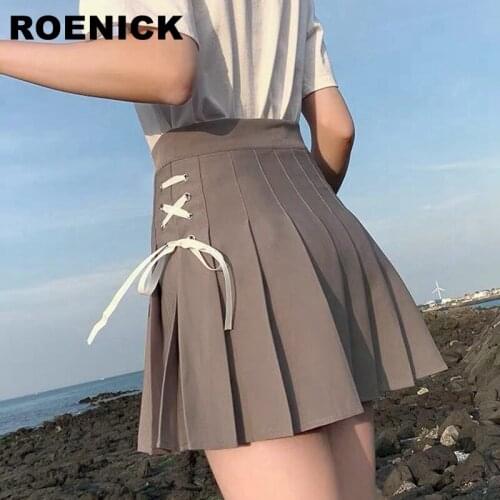 ROENICK Lace-Up Pleated Skirts Womens High Waist Solid Bandage Mini Dance Skirt Women Punk Korean Preppy Style A-line Streetwear