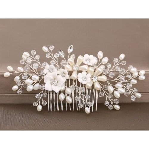 Wedding Flower Headdress Hair Combs for Bride Silver Color Rhinestones Pearls Women Hairpins Bridal Headpiece Hair Combs Tiara
