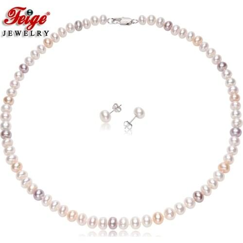 Fashion Design 925 Silver Natural Multicolor Freshwater Cultured Pearl Necklace Jewelry Sets for Women Anniversary Gifts FEIGE