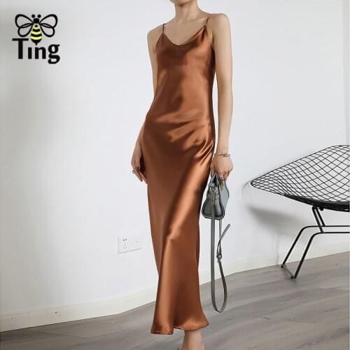 Tingfly Vintage Sexy Hot Solid Color Smooth Silky Satin Casual Dress Women Summer Street Fashion Strap Dress Vestidos Chic Tide