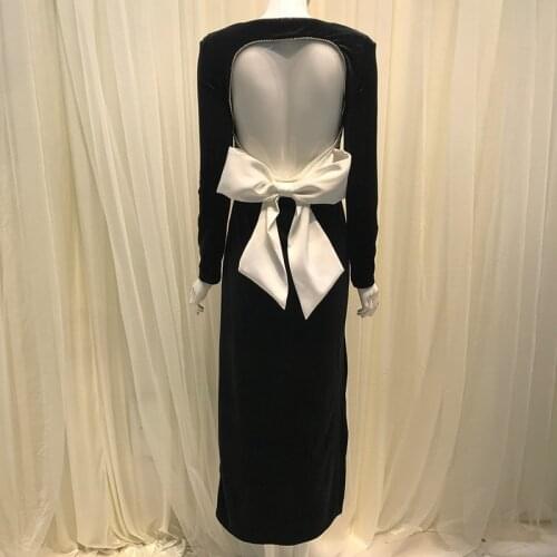 Women Velvet Formal Dress Maxi Spring Autumn Square Collar Bow Backless High Waist Dress