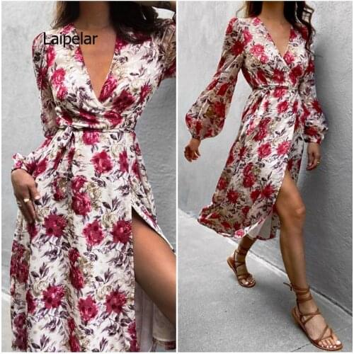 2021 Spring Lantern Long Sleeve Slit Party Dress Women Sexy Deep V-neck Floral Print Dress Retro Lady Summer Beach Dress Vestido