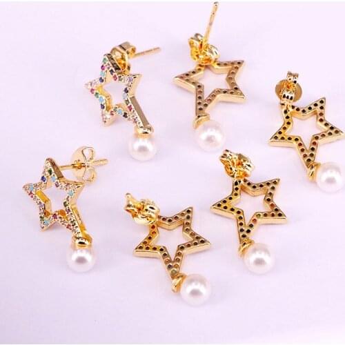 6Pairs, 12*20mm, Colorful Crystal Zirconia Fashion Jewelry For Women Rainbow CZ Star with Pearl Stud Earrings Bridal Earring