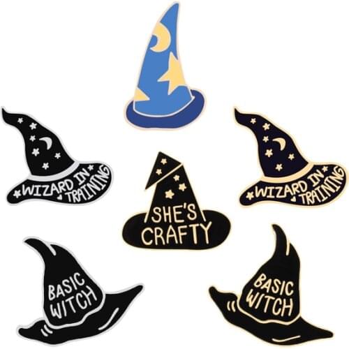 6 style funny hat gold silver color SHES CRAFTY and BASIC WITCH game brooch Enamel pins party accessories Kids Gift celebrate