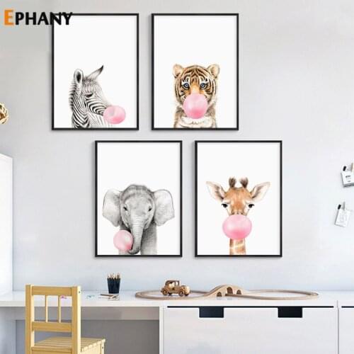 Baby Animal Pink Bubble Poster Nursery Canvas Wall Art Print Zebra Giraffe Painting Nordic Kids Bedroom Decorative Picture