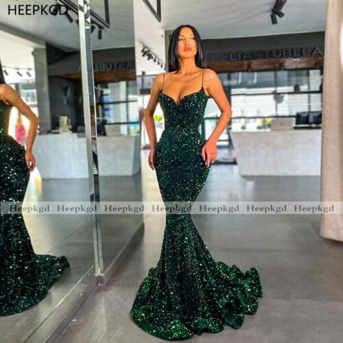 Long Green Mermaid Prom Dresses Sparkly Sequin Sweetheart Spaghetti Straps Sexy Wedding Party Dress For Women Formal Gowns