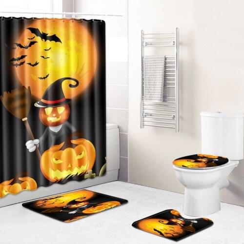 WUJIE Pumpkin Patern Shower Curtain Set Non-Slip Pedestal Rugs Toilet Lid Cover and Bath Mat Shower Curtain Holloween Decoration