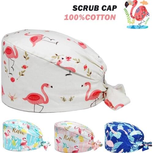 Cotton Surgicals Cap Flamingos Print Adjustable Bandage Scrub Hats Lab Dentist Clinic Beauty Salon Pet Shop Working Scrubs Hat
