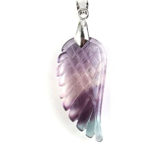 KFT Silver Plated Vintage Natural Fluorite Stone Freedom Angel Wing Pendant 35mm Fashion Women Men Jewelry