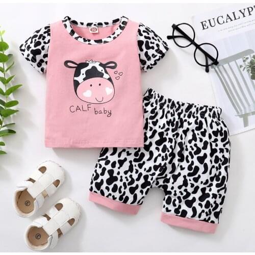 2 Pcs Newest Summer Toddler Infant Baby Boys Girls Cartoon Cow Letter T-shirt Tops +cow Short Sets Cute Baby Clothing Sets