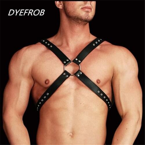 DYEFROB Men Leather Accessories Chest Suspender Harness Black BDSM Bondage Body Garter Goth Dance Nightclub Wear Restraint Belts