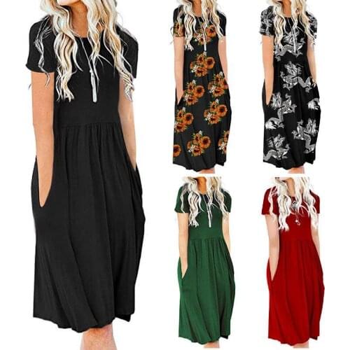 CDJLFH 2021 Summer Casual Boho Beach Black Dresses Women O-Neck Party Summer Dress Short Sleeve Loose Midi Temperamental Dress