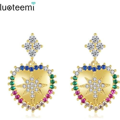 LUOTEEMI Romantic Big Heart Drop Earring Multiple Color CZ Fashion Dangle Jewelry for Girls Rainbow Earrings Christmas Gifts
