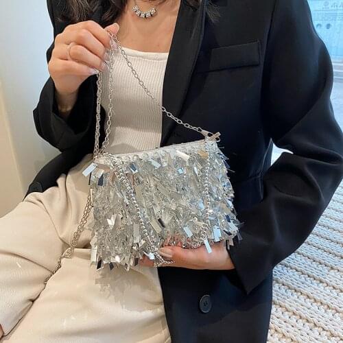 2021 New Tassel Sequins Mermaid Color Metal Chain Small Bag Trendy Purses and Handbags Designer Bag