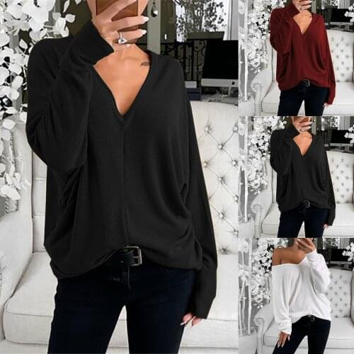 Fashion Casual Solid Blouse Autumn Winter Loose V-Neck Tops Female Women Long Sleeve Shirt Blusas Femininas Clothing Pullover