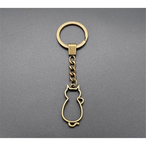 Fashion 30mm Key Ring Metal Key Chain Keychain Jewelry Antique Bronze Plated Hollow Cat Pendant