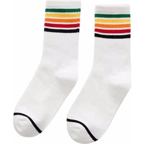 Fashion Unisex New Cotton Rainbow Stripes Stitching Pure White Simple Comfortable Casual Breathable Sports Socks