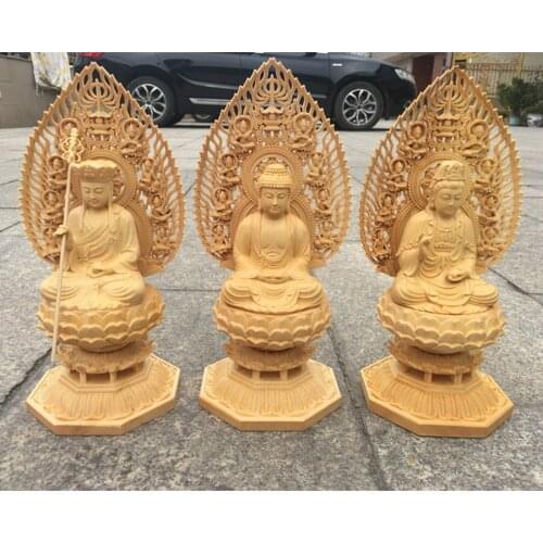 A SET 3P large HOME Company safety health Efficacious protection Guanyin ksitigarbha Dizang Sakyamuni buddha wood carving statue